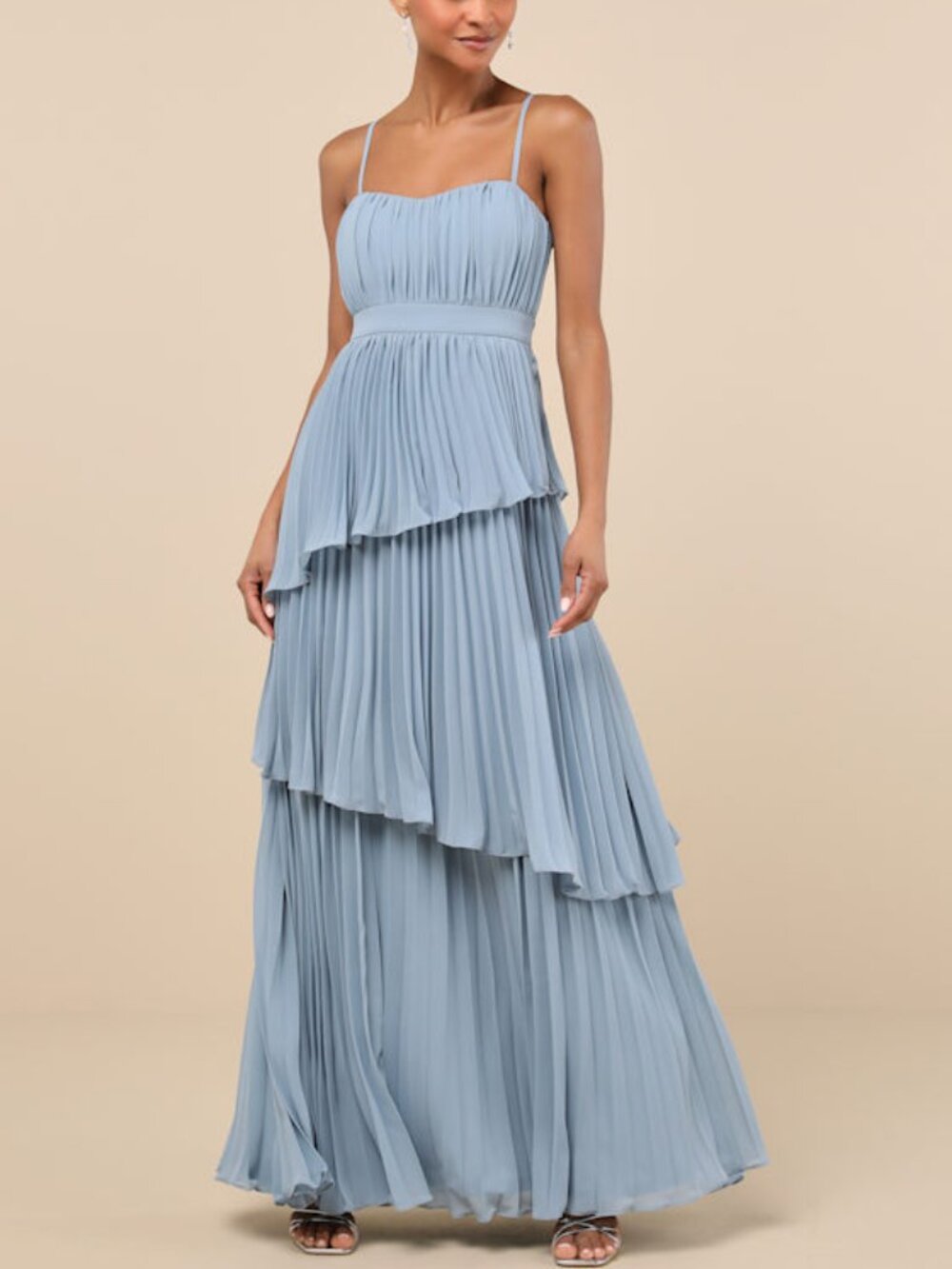 Lulus Jehona Dusty Blue Pleated Tiered Maxi Dress - Size M
